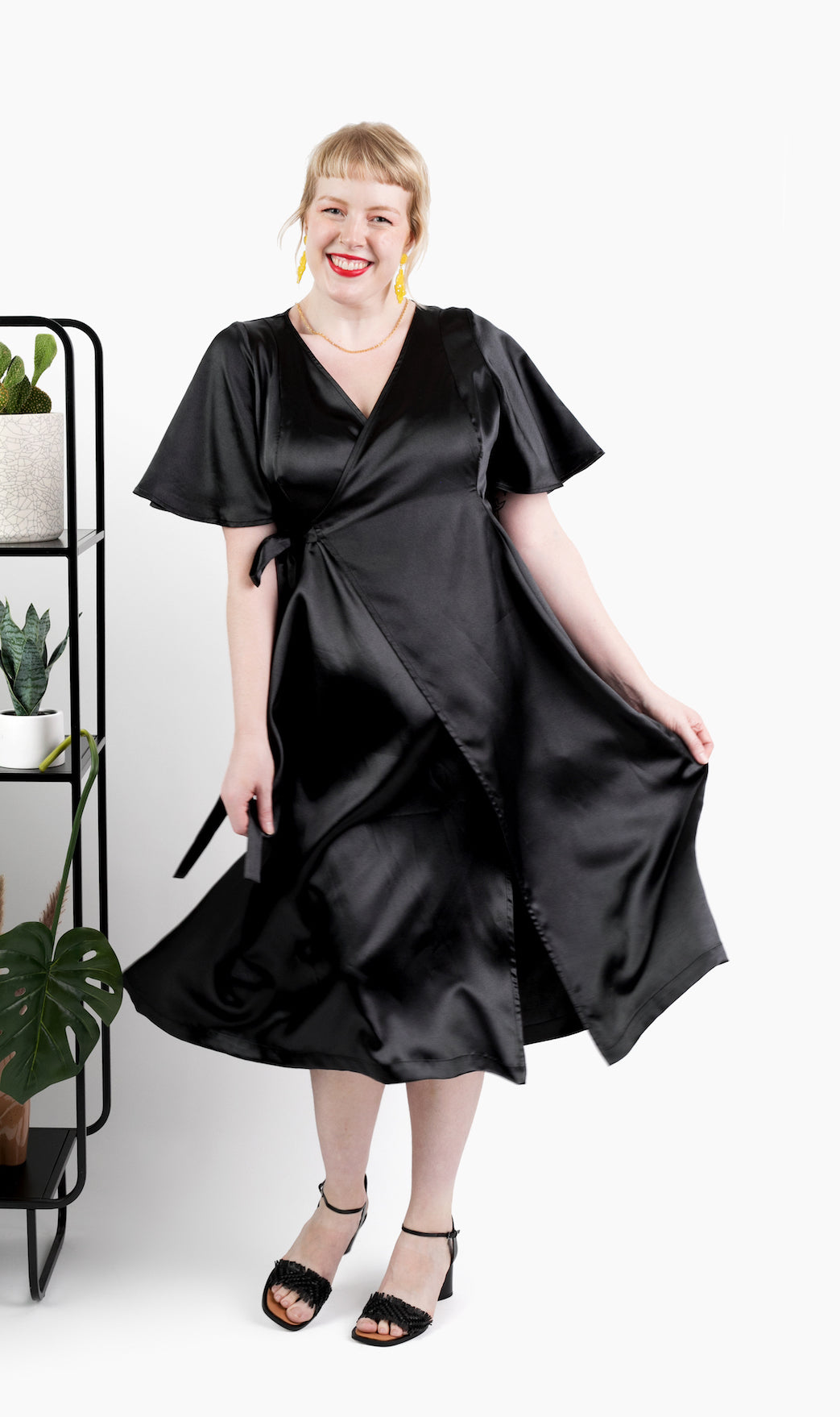 Black Satin Midi Wrap dress in Classic